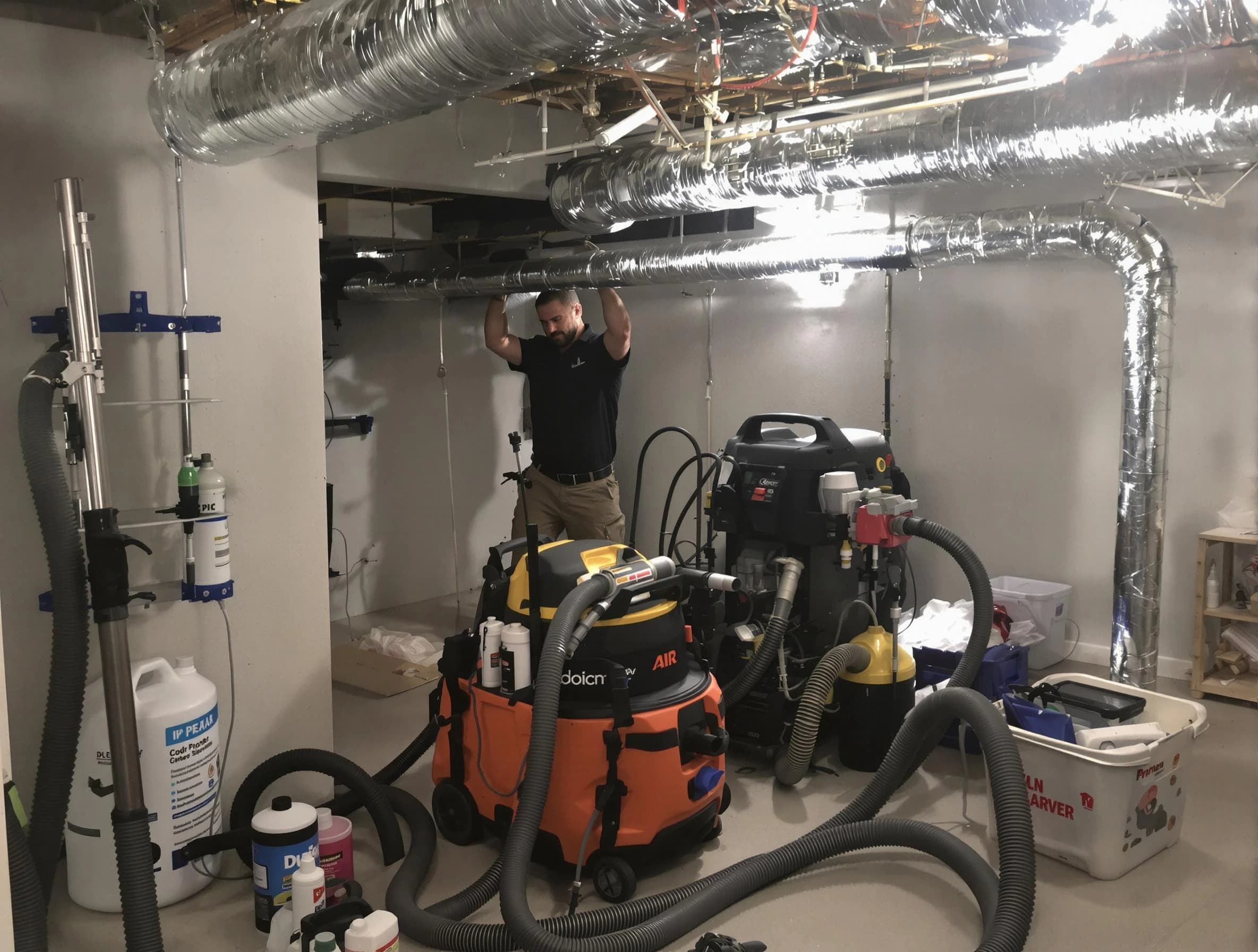Fairview Air Duct Cleaning specialist performing professional mold removal from air ducts using safety equipment in Fairview