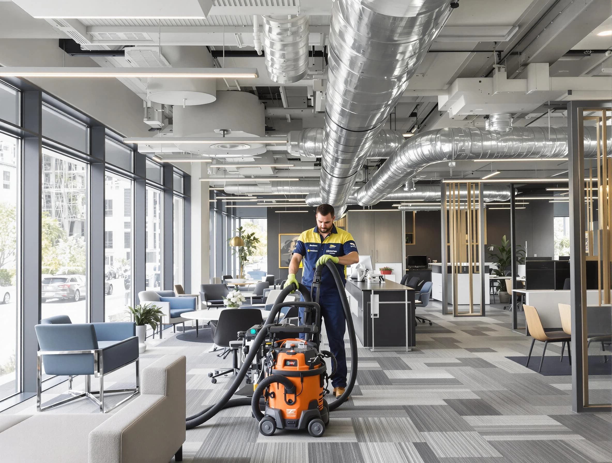 Fairview Air Duct Cleaning team performing thorough commercial duct cleaning at a Fairview business center
