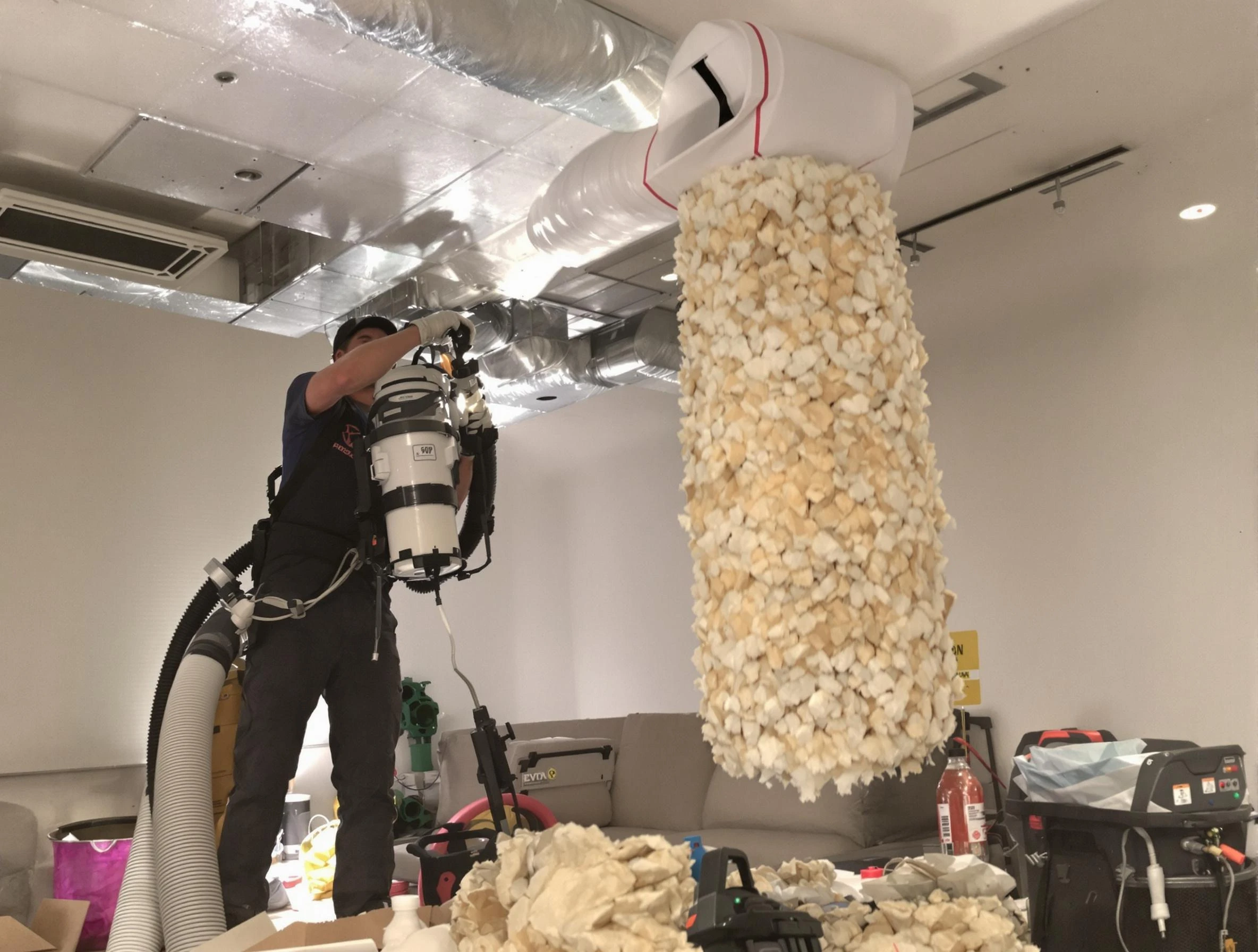 Fairview Air Duct Cleaning technician performing precision vacuum insulation removal in a residential property in Fairview
